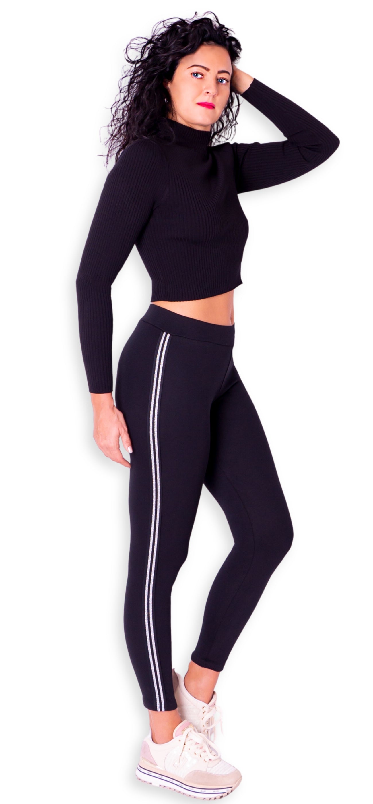 Insulated cotton leggings with a belt and stripe